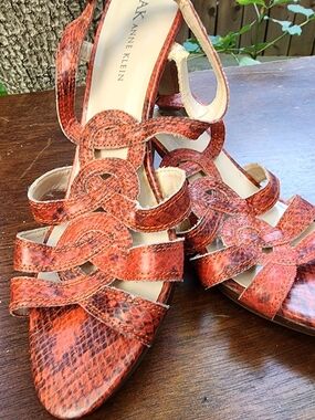 AK Anne Klein Orange Faux Snakeskin Strappy Open Toe Heeled Sandals